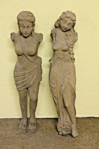 2 X Stunning Hand Carved Gothic Female Ships Head Torso Wood Sculpture