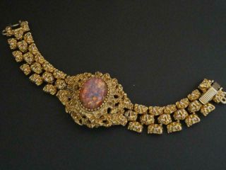 Vintage Signed 4673 Goldt Textured Large Pink Confetti Glass Cabochon Bracelet
