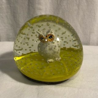 Vintage Joe St.  Clair Art Glass Sulfide Owl Paperweight Controlled Bubbles
