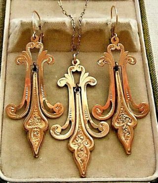 Antique Victorian 14k Gold Fill Engraved Pendulum Earrings & Pendant Necklace