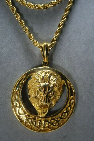 Vintage Gold Plate Rope Chain Necklace Large Lion Medallion Pendant
