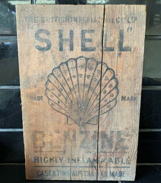 Shell Benzine British Oil Co.  Vintage Tin Drum Crate Wooden Box End Only Sign