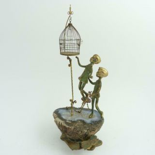Vintage Malcolm Moran Bronze Sculpture,  Two Children With A Birdcage Signed 1971