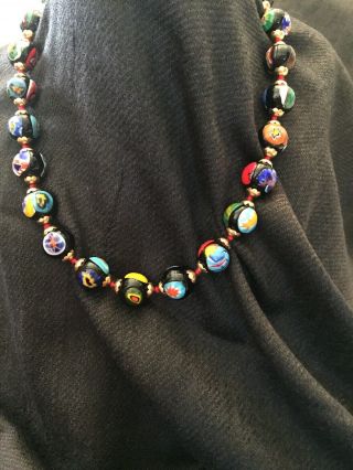 Vintage Murano Millefiori Glass Bead Necklace Hand Knotted & Capped Italy Art
