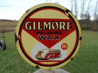 Old Vintage 1951 Gilmore Polishing Wax 15 Cents Porcelain Enamel Gas Pump Sign