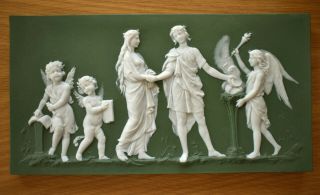 Antique Green Jasperware 10 " Plaque - Classical Figures & Putti