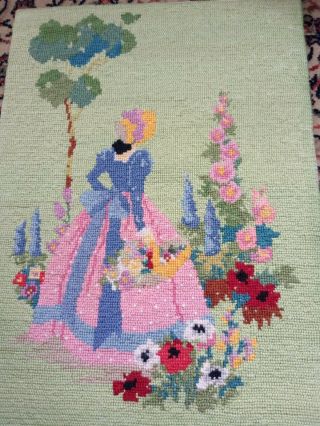 Vintage Hand Made Tapestry Panel Crinoline Lady In Garden Green Ground