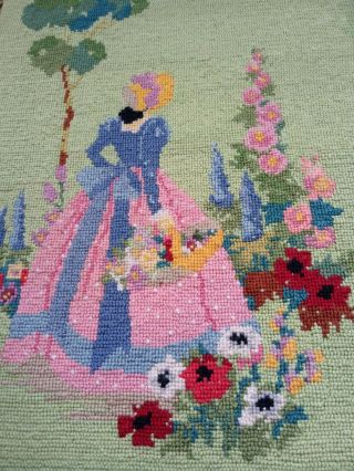 Vintage hand made tapestry panel crinoline lady in garden green ground 2