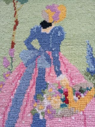 Vintage hand made tapestry panel crinoline lady in garden green ground 3