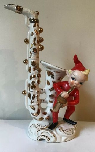 Vintage Mid - Century 1950s Japan L & M Ceramic Pixie Elf Playing Sax