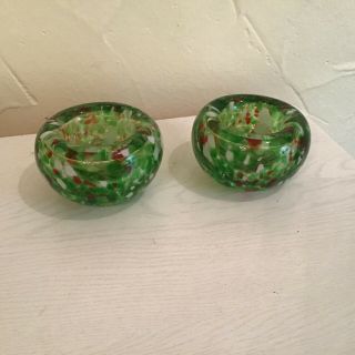 Vtg.  Hand Blown Glass Candle Holders (2) Green With Mixed Colors