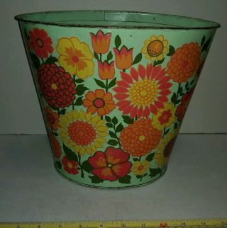 Vtg Retro Mid Century Modern Small Metal Trash Can Colorful Flowers Jv Reed & Co