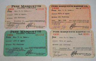4 Vtg Pere Marquette Railway Employee Train Pass Paper Railroad Ticket 1930 
