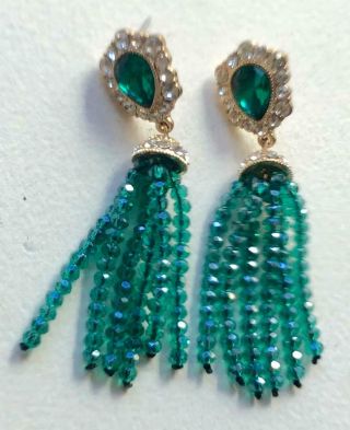 Monet Vintage Earrings Haute Couture Green & Ice Rhinestone Glass Bead Drops