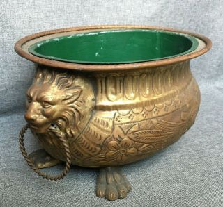 Big Antique French Flower Pot Planter Brass Repousse 19th Century Lion Heads