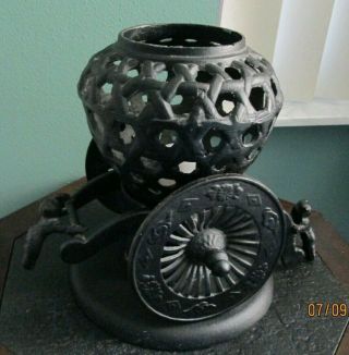 Antique Cast Iron Japanese Lantern Wheel Cart Candle Holder Decorative Piece