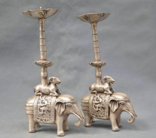 A Pair China Tibetan Silver Hand - Carved Elephant Sheep Stautes Candlestick@01