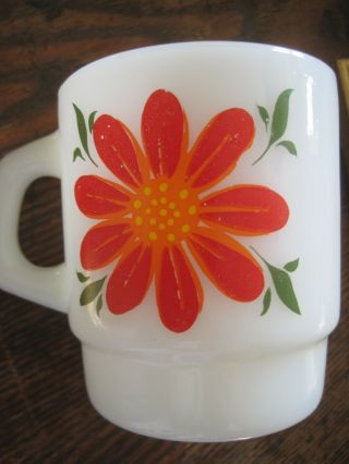 Vtg Fire King Daisy Red Daisy Floral Flower Milk Glass Coffee Mug