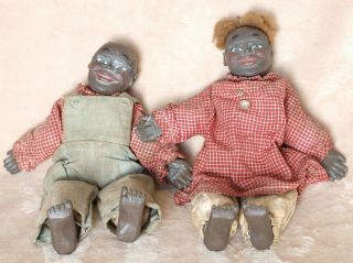 Vintage Folk Art Wooden Head Black American Male And Female Boy/gorl Doll Dolls