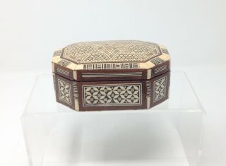 Vintage Handmade Inlaid Mother Of Pearl - Octagonal Wood &bone Lidded Trinket Box