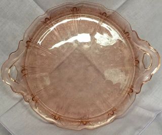 Vintage Pink Depression Glass Cake Plate Cherry Blossom Pattern With Handles