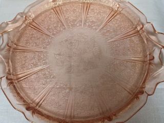 Vintage Pink Depression Glass Cake Plate Cherry Blossom Pattern with handles 2