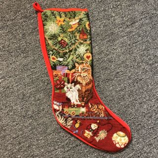 Vintage Needlepoint Christmas Stocking Tree Cats Presents W/red Velvet Backing