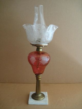 Antique Brass and Cranberry Etched Glass oil lamp with marble base 2