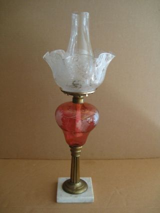 Antique Brass and Cranberry Etched Glass oil lamp with marble base 3