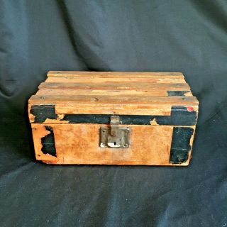 Small Antique Doll Trunk W Paper Loss 10 " X 6 " X 5 " For German All Bisque,