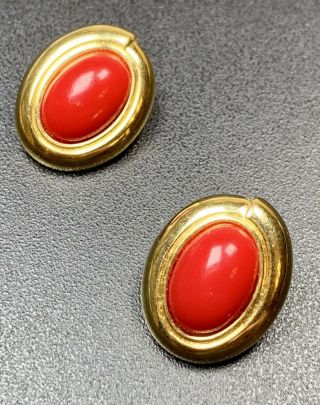 Signed Monet Vintage Clip Earrings 1” Gold Tone Red Lucite Cabochon