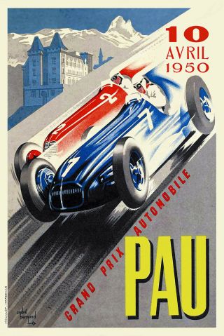 Vintage French Motor Racing Poster Pau 1950s Sport Retro Print Picture Print