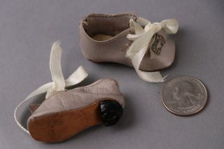 Antique Silver Leather Ankle Tie Doll Shoes W/buckles,  Stamped Soles