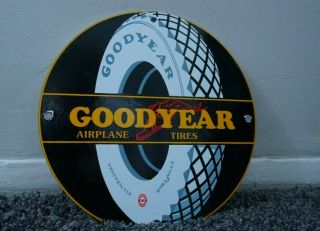 Vintage Goodyear Airplane Tires Gasoline Porcelain Metal Sign Gas Oil Station