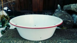 Vintage Large 14 " Rustic Enamelware Metal Bowl Wash Basin White W/ Red Trim