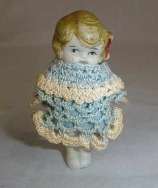 Tiny Vtg Antique Bisque Doll Moveable Arms 2.  75 " Occupied Japan Crochet Dress