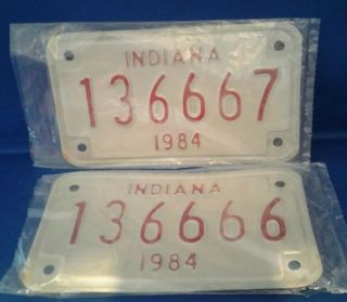 2 Consecutive Numbered Vintage 1984 Indiana Motorcycle License Plates Un - Issued