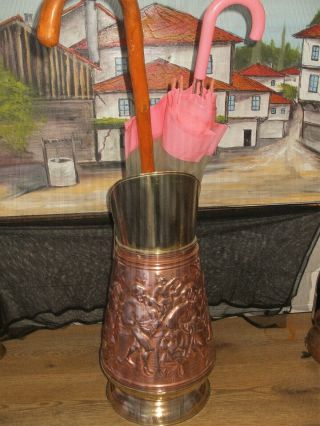 Vintage French Copper Brass Coal Scuttle Walking Stick Umbrella Holder Decorativ