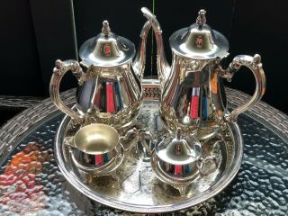 Oneida Vntg,  Silver Plate Coffee Set W/coffee&tea Pot,  Creamer,  Sugar Bowl,  Tray