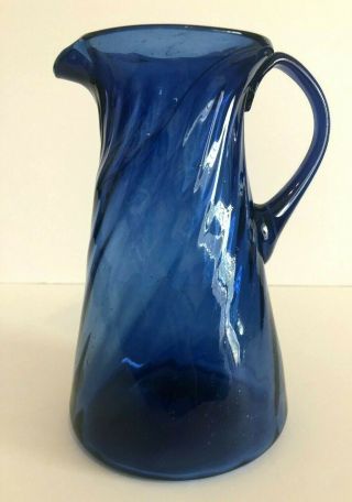 Vintage Hand Blown Cobalt Blue Swirl Glass Pitcher 7.  25 " Tall