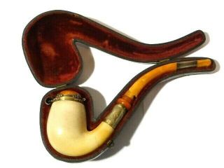 Antique Lidded Meerschaum Smoking Pipe Silver & Amber Stem In Case A/f