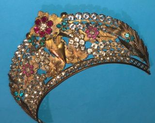 Antique Victorian French Empire Style Gold Gilt Metal Jeweled Tiara Diadem Crown