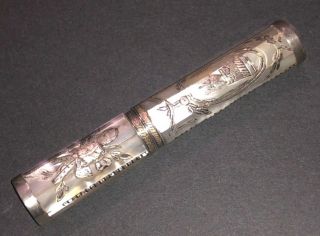 Antique French Louis Xvi Carved Mother Of Pearl Silver Inlay Needle Case