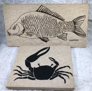 Marushka Modern Art Screen Print Stretched Fabric Wall Art Fish Crab Vintage