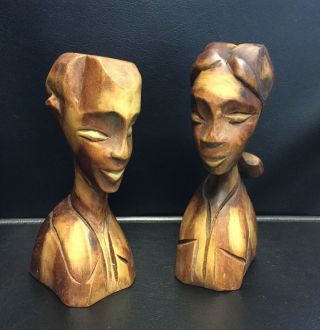 Vtg Hand Carved Abstract Wood Statues Man Woman African Heads Faces 70s Folk Art