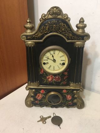 Antique Gilbert Iron Front Mantle Clock Rose Painted Decorations