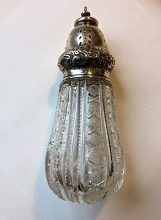 Vintage Sugar Shaker Sterling Silver Top Cut Glass Base