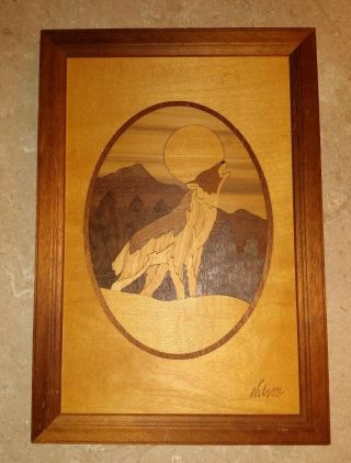 Vtg Hudson River Inlay Marquetry By Jeff Nelson Howling Wolf 