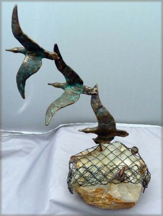 Vintage Curtis Jere Bronze Sculpture Birds In Flight Off Coast On Onyx 69