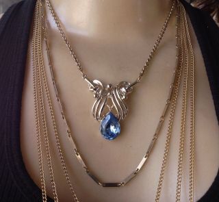 Vintage Necklace Sapphire Blue Rhinestone Scroll Pendant Long Layered Chains